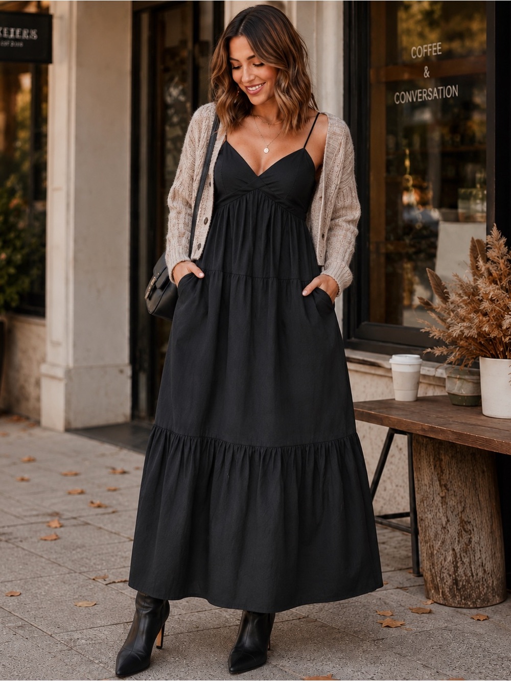 Black Flowy Maxi Dress w/ Pockets Size L | Boho Witchy Fall NWT